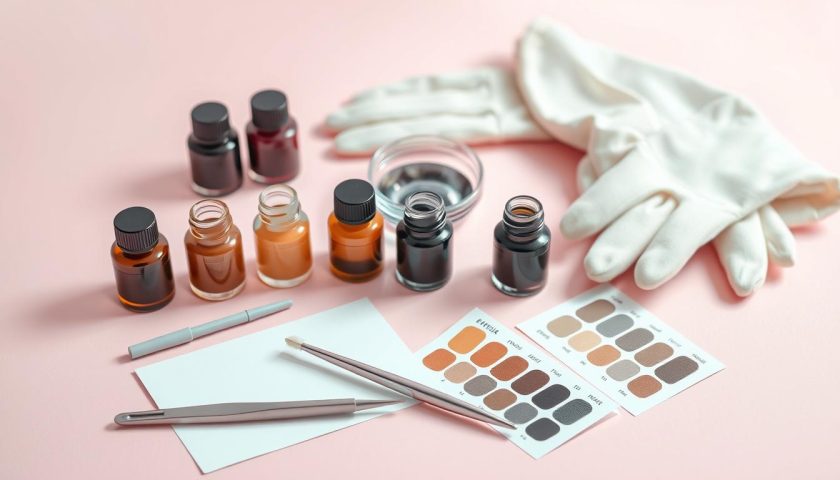 At Home Eyebrow Tint: Easy Beginner Guide 5 Eyebrow shade chart and makeup applicators arranged on a pastel pink vanity