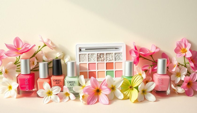 Summer nail polish flat lay with pink white green shades flowers glitter and manicure tools