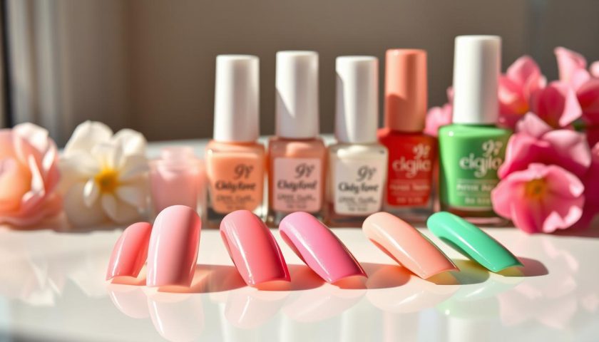 Fresh summer gel nail colors with bright pink white and green shades on a glossy surface