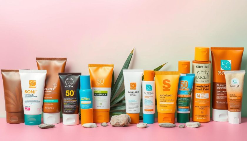 Sunscreen lotions and bottles for dark skin with pink and green skincare accents