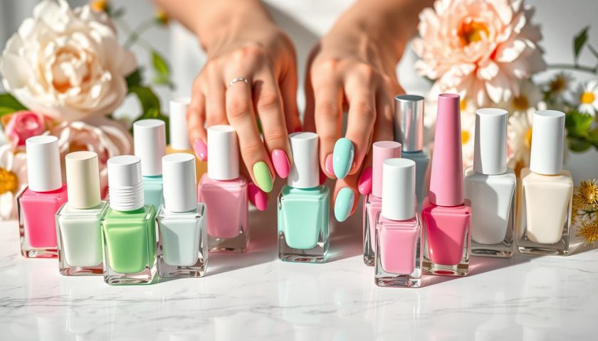 Summer nail colors with polish bottles and different nail shapes on marble