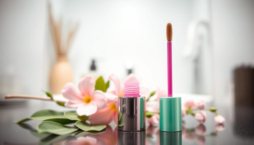 Affordable eyebrow gel tube with applicator on a clean pink and green beauty setup