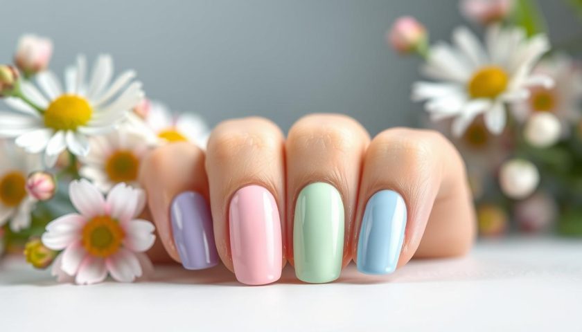 Glossy pastel spring nails in lavender pale pink mint green and baby blue with flowers