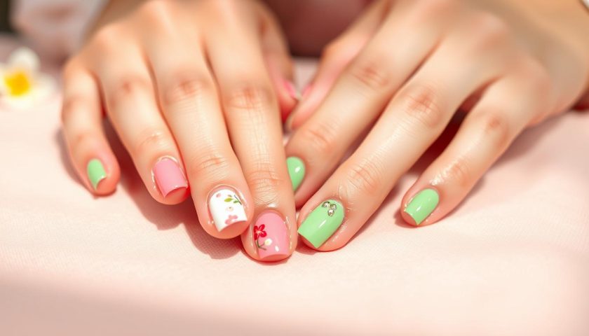 Fresh spring color nails with pink green white shades and subtle floral accents