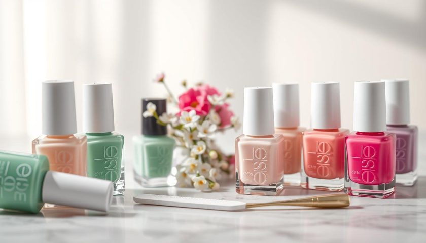 Spring 2026 nail varnish bottles in pink green and white on a marble beauty setup