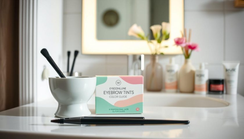 At Home Eyebrow Tint: Easy Beginner Guide 2 At-home eyebrow tint products and brow styling tools on a pink and white vanity