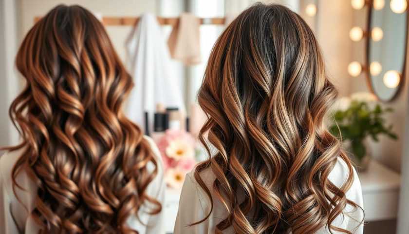 Heatless curls with soft waves and no-heat styling tools on a clean vanity