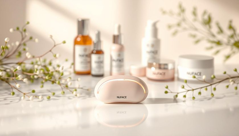 NuFACE microcurrent device on a white beauty surface with skincare products and green plants
