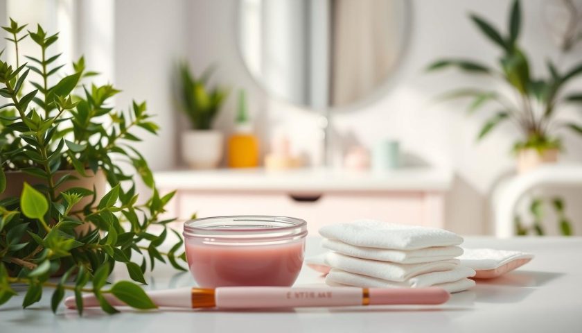 At Home Eyebrow Tint: Easy Beginner Guide 4 Clean eyebrow styling setup with spoolie brush small bowl and cotton pads