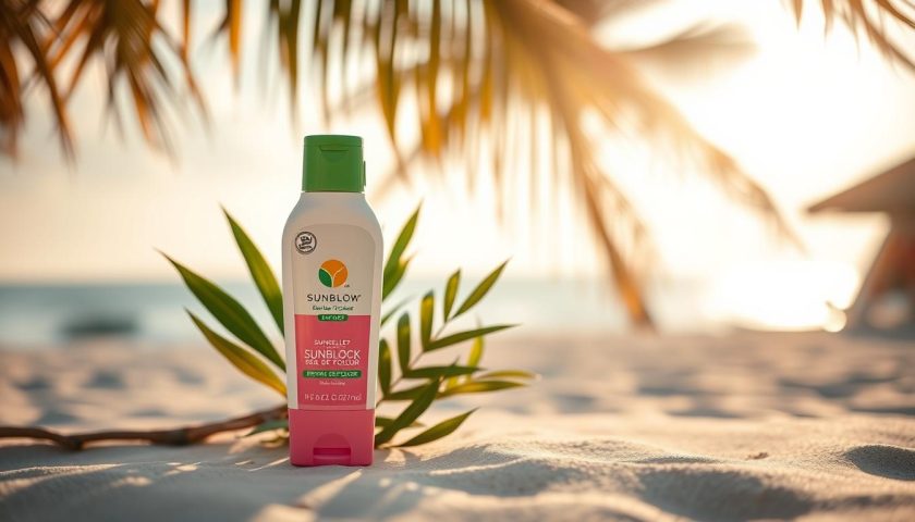 Sunscreen products for Black skin arranged on a bright tropical skincare vanity