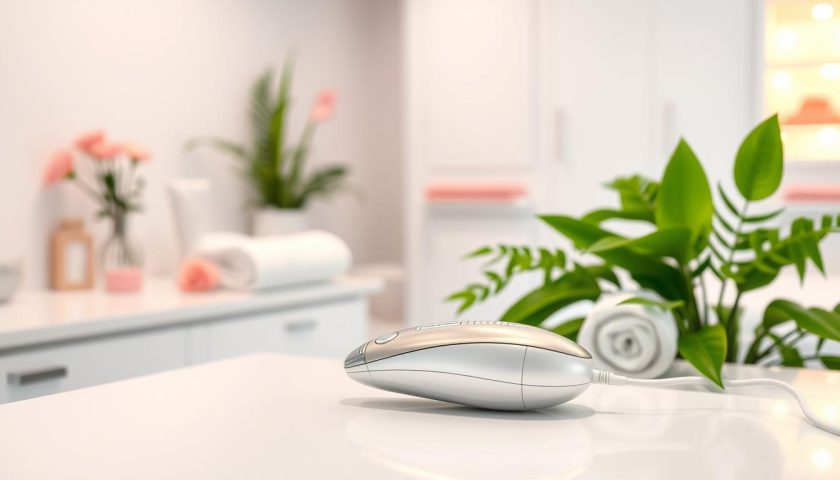 Microcurrent facial toning device on a white spa countertop with soft pink and green decor