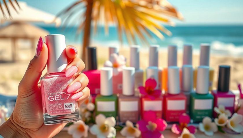 Colorful summer gel nail hues with manicured hand polish bottles flowers and beach background