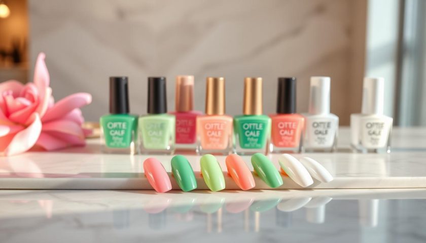 Summer gel nail colors in pink green white shades on a glossy marble vanity
