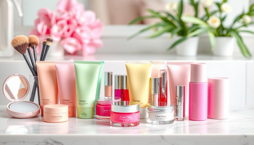 Drugstore Beauty Products: Best Affordable Ideas 4 Drugstore skincare makeup brushes lipstick nail polish and moisturizers on white marble