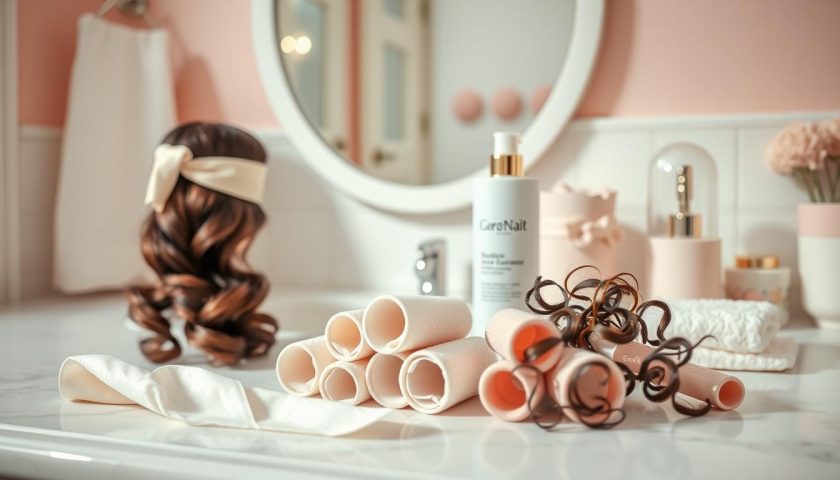 Heatless curl tools with soft rollers satin ribbon and curl serum on a vanity