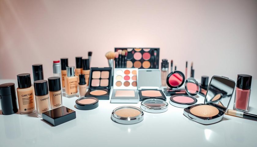 Drugstore Beauty Products: Best Affordable Ideas 5 Affordable foundation blush highlighter and makeup brushes in a clean vanity setup