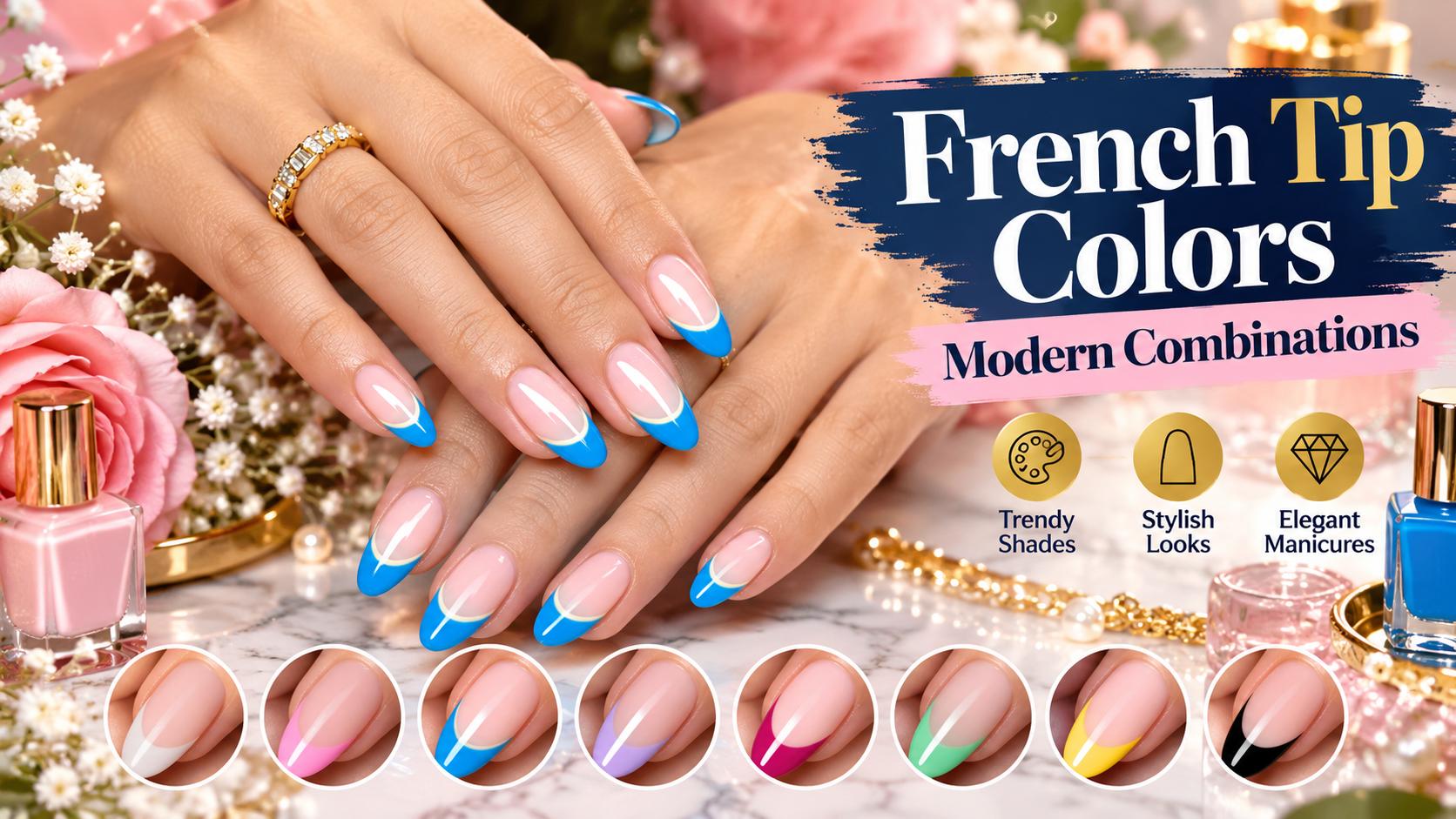 Explore French tip colors with modern nude, pink, chrome, pastel, red, brown, gold and seasonal manicure ideas.
